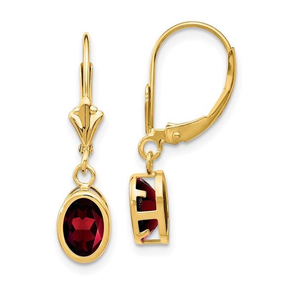 Kazi Luxury 14k Yellow Gold 7x5mm Oval Garnet Leverback Earrings